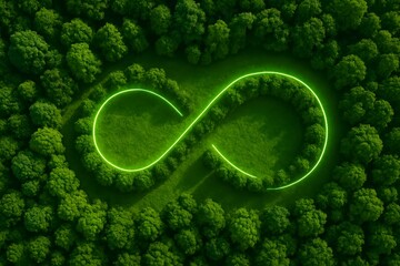 Lush green forest forms an infinity symbol with a bright neon green outline