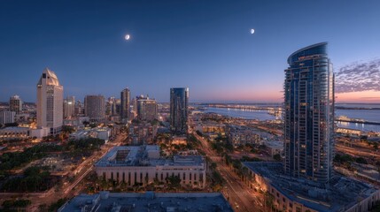 San Diego Skyline at Dawn with Moon