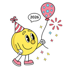 Yellow character with party hat and balloon celebrates new year