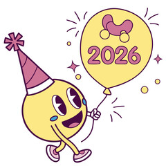 Yellow character with party hat holding balloon celebration
