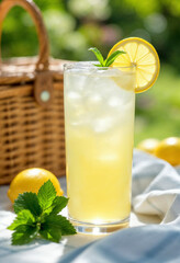 Fototapeta premium Refreshing lemonade with ice and mint on picnic blanket