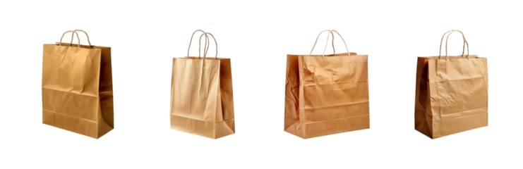Brown paper shopping bags with handles on a transparent background