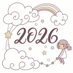 Pastel clouds rainbow stars and girl 2026