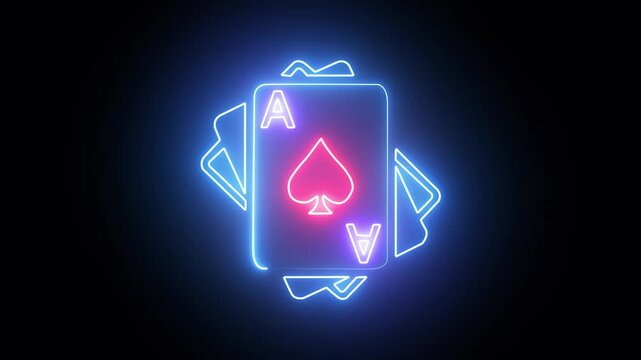 Glowing neon ace of spades playing card icon in blue light on dark background with reflection on surface