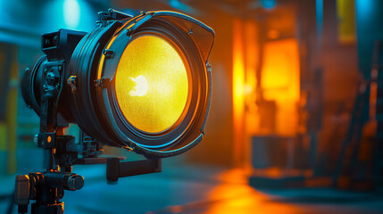 Professional studio spotlight shines brightly on set, ready for film production and adding vibrant illumination for creative video projects.