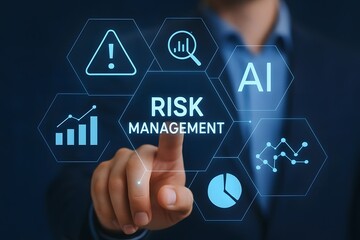 Businessman touching risk management interface with ai and data analysis icons