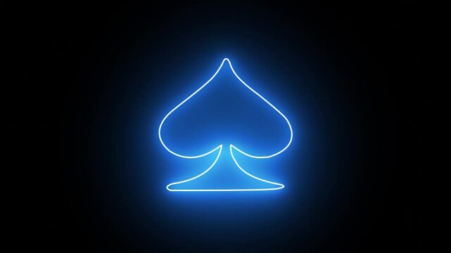 Neon poker spade animation, flickering emergence and fading. Glowing neon spade ace icon, looped animation. Casino playroom, poker club, spades suit, gambling card game, Vegas. Violet, blue, azure