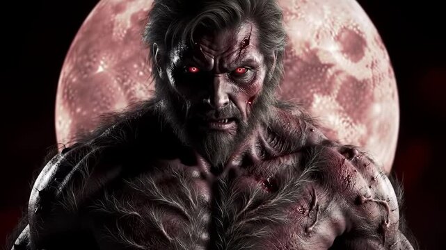 A powerful werewolf stares intensely under a red moon while bats fly around.