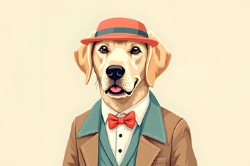 pastel Labrador boy dressed up in retro American style, fashion animal illustration