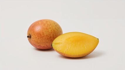 Two ripe mangoes, one whole and one half, displayed against a plain background.