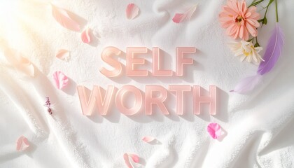 Words ‘SELF WORTH’ – Soft, Uplifting Visual with flower petals and softness