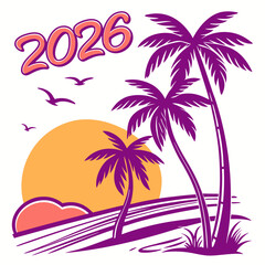 Tropical sunset with palm trees and year beach