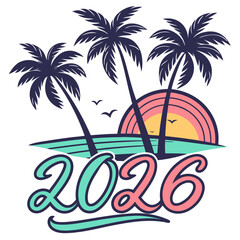 Tropical sunset beach scene with palm trees and year