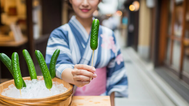 冷やしきゅうりを一本差し出す浴⾐姿の⼥性