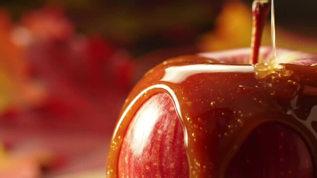Close up of a red apple being covered in sweet caramel sauce in an autumn setting
