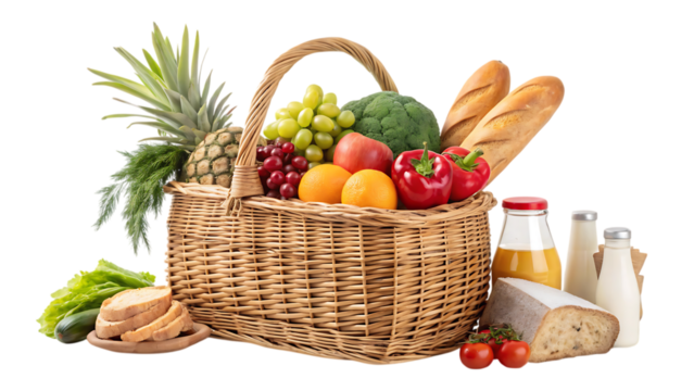 Groceries in wicker basket PNG Image 