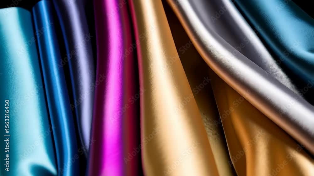 Poster close-up of multicolored satin fabric displaying smooth, undulating textures with vibrant shades and