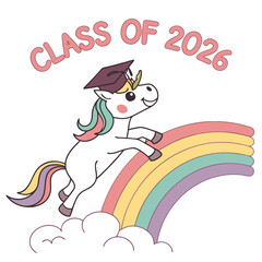 Unicorn graduation cap jumping rainbow clouds vector