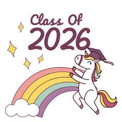 Unicorn jumping over rainbow with graduation cap and stars