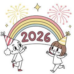 Cheerful cartoon characters celebrating new year with fireworks