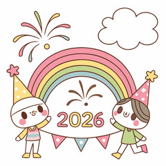 Cute characters celebrate new year with festive decorations