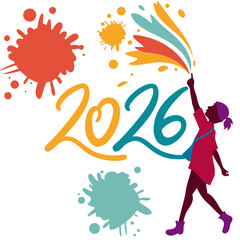 Girl with colorful paint splashes and year vibrant