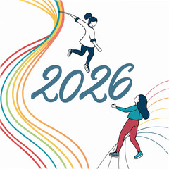 Joyful figures reaching for colorful arcs abstract