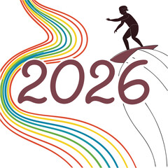 Surfer riding rainbow wave with year surfing colorful