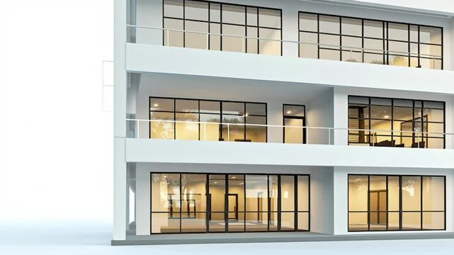 Modern white multi-story building with large windows and balconies