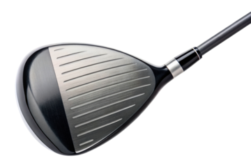 Modern metal golf club driver head on a black shaft isolated with transparent background