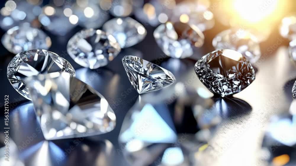 Poster sparkling diamonds spread across a surface with intense bright light creating highlights on the gems