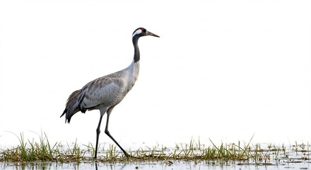 Obraz premium 優雅に歩く鶴 白背景 穏やかな光. AI Generated