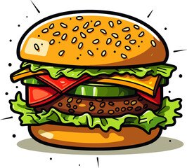 Delicious Cartoon Burger with Fresh Ingredients and Sesame Bun
