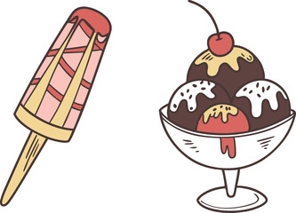 Ice Cream and Dessert Treats Set Featuring Cones Sundaes and Sweet Pastries. Delicious Dessert and Ice Cream Collection for Summer Snacks and Bakery Use. Colorful Ice Cream and Dessert Illustration