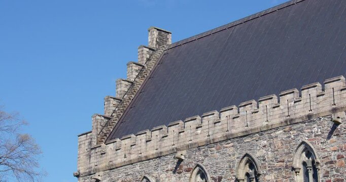 Slow zoom in to Haakon&rsquo;s hall gable end at Bergenhus Fortress in Bergen