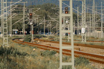 Railway tracks and signals surrounded by greenery at an outdoor station in the afternoon