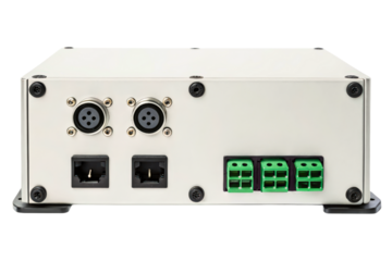 Rear panel of an audio interface with various connectors isolated with transparent background