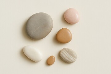 Minimalist photo featuring five natural stones of various sizes and colors on a clean white background, ideal for wellness or nature-themed designs.