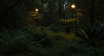 Two lit street lamps illuminate a lush, dark forest with ferns, trees and various plants.