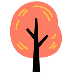 Obraz premium Simple coral red tree with black trunk and yellow hand-drawn strokes. Flat and playful style.