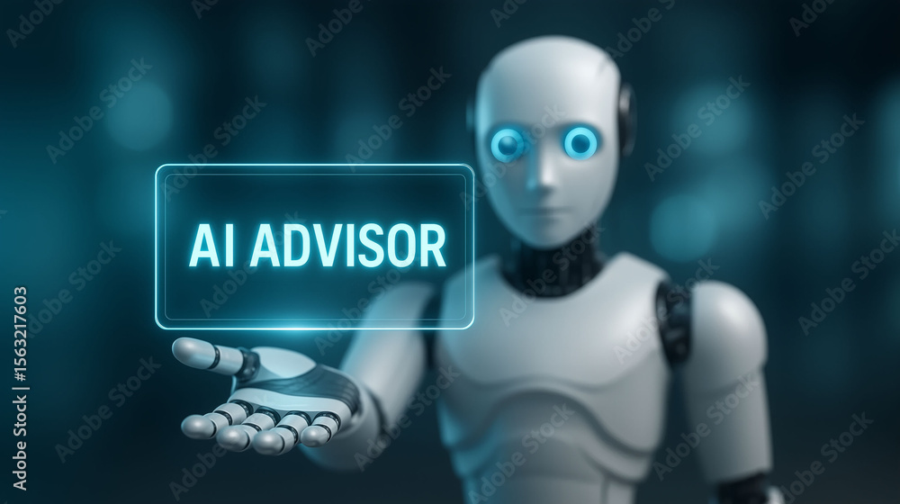 Poster futuristic humanoid robot holding glowing digital panel with ai advisor text on blue background show