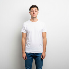 Fototapeta premium Young Man in White T-Shirt Expressing Confusion or Surprise