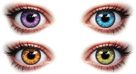Four eyes with different colored contact lenses