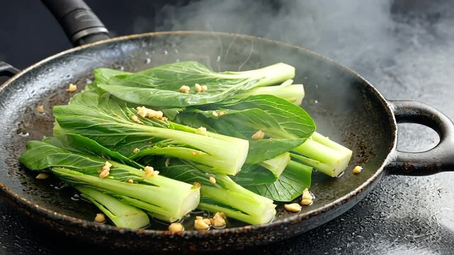 Freshly cooked bok choy with garlic saut&eacute;ed in a pan, steam rising in a cozy kitchen setting