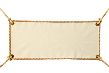 Blank rectangular canvas sign stretched by ropes at each corner isolated with transparent background