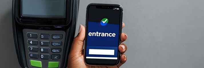 A hand holds a smartphone displaying an app, likely for entrance, alongside a point-of-sale terminal