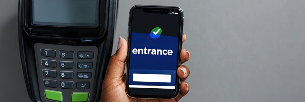A hand holds a smartphone displaying an app, likely for entrance, alongside a point-of-sale terminal