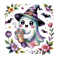 A cute ghost wearing a witch hat joyfully holds a steaming beverage surrounded by colorful flowers and playful bats
