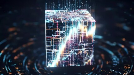 Futuristic digital cube with glowing grids and holographic data visuals, representing blockchain, data mining, and tech innovation - Powered by Adobe