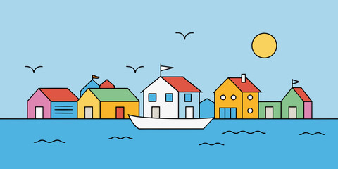 Illustrated Seaside Village Scene With Colorful Homes
